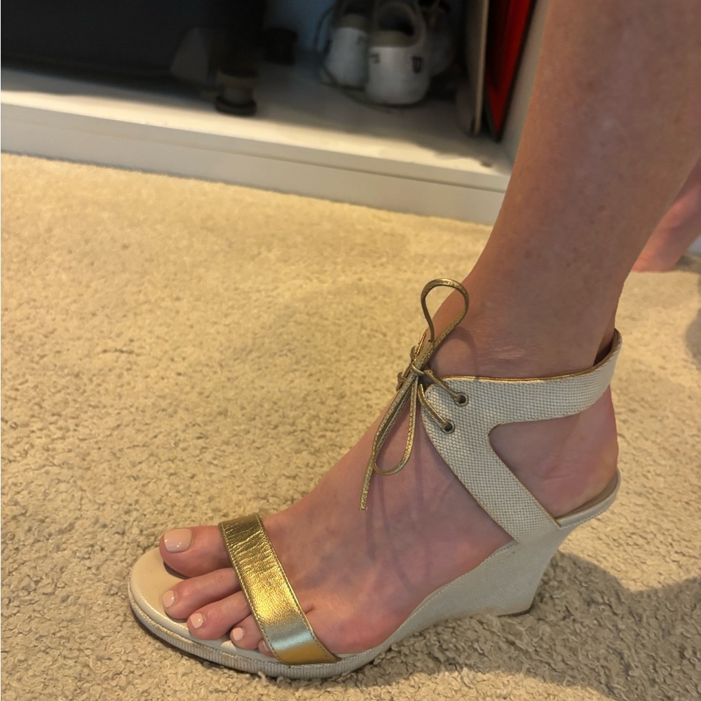 Gucci Gold and Cream Wedge Sandals with Ankle Strap
